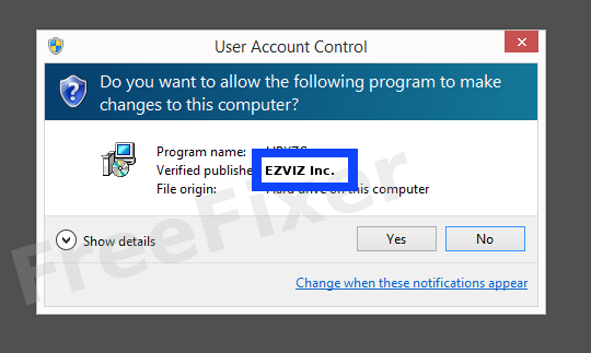 Screenshot where EZVIZ Inc. appears as the verified publisher in the UAC dialog